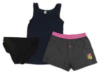 3 set - tmavomodrý nátělník + šedo-růžové boxerky + černé slipy 