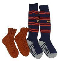 2x ponožky - hnědé pletené + tmavomoddro-červené pruhované fotbalové - FC Barcelona