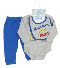 5set - Šedé kárované body + modré tepláky + ponožky + bryndák + čepice 