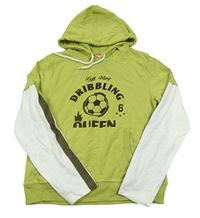 Zeleno-bílo-šedá mikina s nápisy a kapucí 