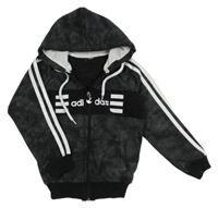 Černo-šedo-bílá vzorovaná propínací mikina s pruhy a kapucí Adidas 