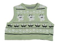 Zeleno-bílo-černá vzorovaná úpletová crop vesta s králíčky 