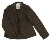Hnědé vzorované kostkované vlněné podšité sako 