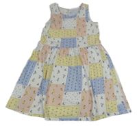 Bílo-růžovo-modro-žluté květované patchworkové šaty H&M