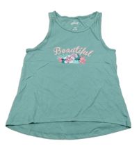 Zelený top s nápisem a květy Alive