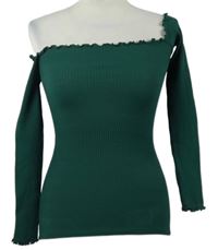 Dámský tmavozelený žebrovaný lehký svetr s volnými rameny 