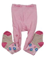 Růžové punčocháče s kytičkami a proužky zn.Pusblu