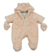 Světlerůžová kožešinová zateplená kombinéza s kapucí+ rukavice Mothercare