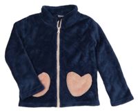 Tmavomodrá chlupatá propínací mikina se srdíčky 
