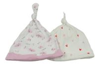 2x bavlněná čepice bílá se srdíčky+ bílá s motýlky