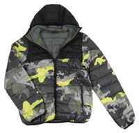 Šedo-limetovo-černá army šusťáková prošívaná zateplená bunda s kapucí Next