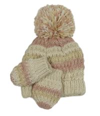 2set - Smetanovo-světlerůžová třpytivá čepice s bambulí + rukavice 