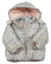 Bílo-modro-růžová květovaná šusťáková lehká zateplená bunda s kapucí H&M