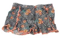 Bílo-černo-oranžové květované volné kraťasy Primark 