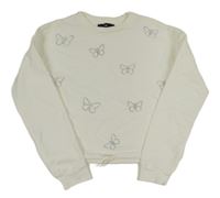 Bílá crop mikina s motýly z kamínků C&A