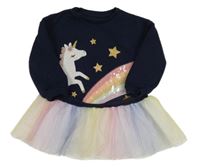 Tmavomodré teplákovo/síťované šaty s jednorožcem F&F