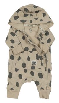 Béžová tepláková kombinéza s puntíky a kapucí 