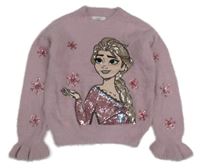 Růžový chlupatý crop svetr s Elsou z flitrů Disney + C&A