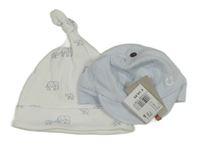 Nové - 2x - Světlemodrá kšiltovka + bílá čepice se slony