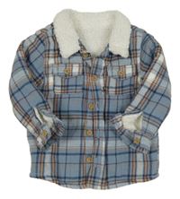 Modro-bílo-béžová kostkovaná flanelová zateplená košilová bunda Tu
