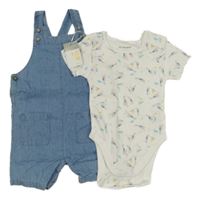 Nové - Modré plátěné laclové kraťasy + bílé žebrované body s husami Primark