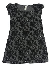 Tmavošedo-černé květované melírované šaty H&M