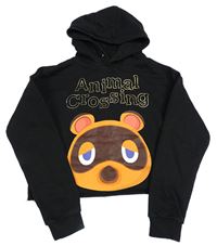 Černá crop mikina s medvídkem a zlatými nápisy - Animal Crossing a kapucí PRIMARK