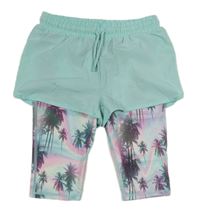 Světlemodro-růžové sportovní capri legíny s palmami a kraťasy 