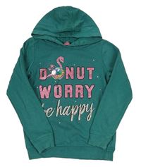 Tmavozelená mikina s nápisy a flitry a plameňákem a kamínky a kapucí George