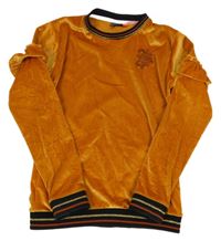 Medovo-černá sametová mikina s nápisy a pruhy a volánky TOM.DU