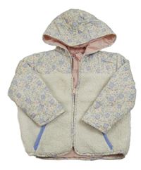 Smetanová huňato/šusťáková podšitá/zateplená bunda s kytičkami a prošíváním a kapucí PRIMARK