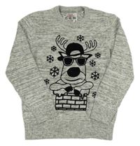 Šedo-bílý melírovaný svetr se sobem a vločkami C&A