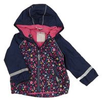 Tmavomodrá šusťáková jarní bunda s kytičkami a ježečky a muchomůrkami a kapucí Topomini