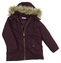 Tmavovínový šusťákový zimní kabát s odepínací kapucí s kožešinou H&M