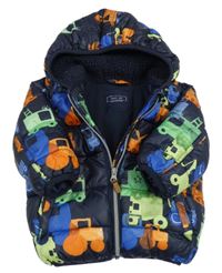 Tmavomodrá prošívaná šusťáková zimní bunda se stavebními stroji a kapucí Next