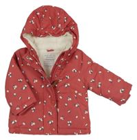 Rezavá šusťáková zimní bunda s kytičkami a kapucí PRIMARK