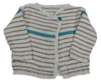 Bílo-hnědo-modrozelený pruhovaný pletený propínací svetr