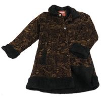 Tmavohnědo-černý vzorovaný sametovo/manšestrový zateplený kabát s květy a lístečky a límečkem 