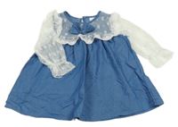 Modro-bílé riflovo/krajkové šaty s mašlí a květy a puntíky a volánky