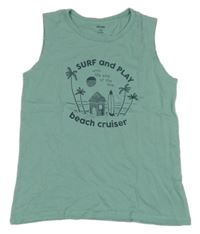 Olivové tílko s palmami a surfem a nápisy KIABI