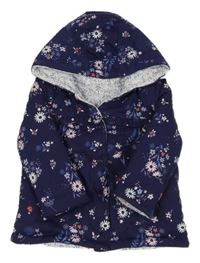 Nové - tmavomodrý zateplený oboustranný kabátek s kytičkami a volánky a kapucí George