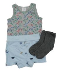 3Set - Šedý melírovaný nátělník s dinosaury miniclub + světlemodré trenýrky Topomini + tmavošedé ponožky 