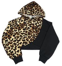 Béžovo-černá crop mikina s leopardím vzorem a kapucí Shein