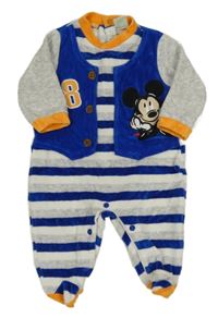 Šedo-modro-bílý pruhovaný sametový overal s Mickeym a sakem zn. Disney