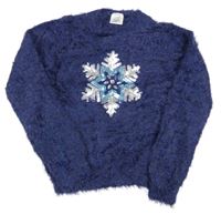 Tmavomodrý třpytivý chlupatý svetr s vločkou z flitrů a kamínků Lily & Dan