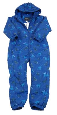 Modrá šusťáková zateplená funkční kombinéza s dinosaury a kapucí Regatta