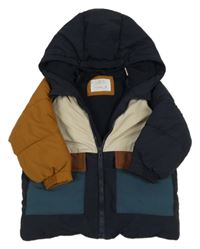 Béžovo-tmavomodro-hnědá šusťáková zimní bunda s kapucí Zara