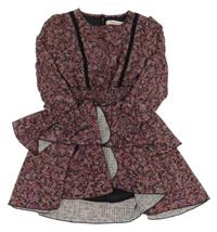 Černo-vínové květované šifonové šaty s vrstvenou sukní Vingino