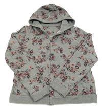 Šedá melírovaná květovaná propínací mikina s kapucí