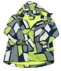Tmavomodro-šedo-limetková vzorovaná šusťáková zateplená bunda s kapucí